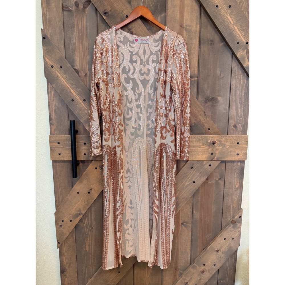 Southern Fried Chics Duster Women S Rose Gold Excellent Sequin Sheer Damask